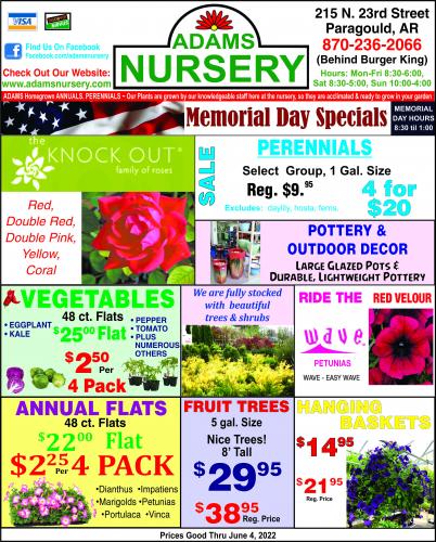 List of plant specials for the For Memorial Day