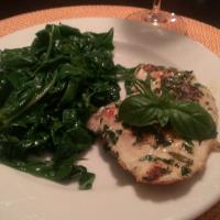 This tasty chicken dish was prepared with fresh herbs (French Tarragon, Lemon Thyme, and Italian Basil) and served with sauteed Swiss Chard. The herbs and Swiss Chard were straight from Jamie and Neal's vegetable and herb garden.