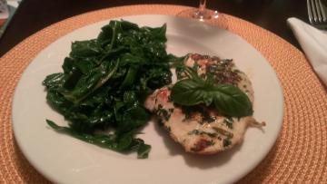 This tasty chicken dish was prepared with fresh herbs (French Tarragon, Lemon Thyme, and Italian Basil) and served with sauteed Swiss Chard. The herbs and Swiss Chard were straight from Jamie and Neal's vegetable and herb garden.